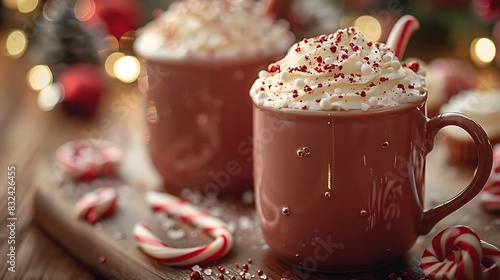 Detailed close-up of two mugs of hot cocoa clinking, topped with whipped cream and candy canes, blurred background with holiday decorations and twinkling lights, warm and festive.