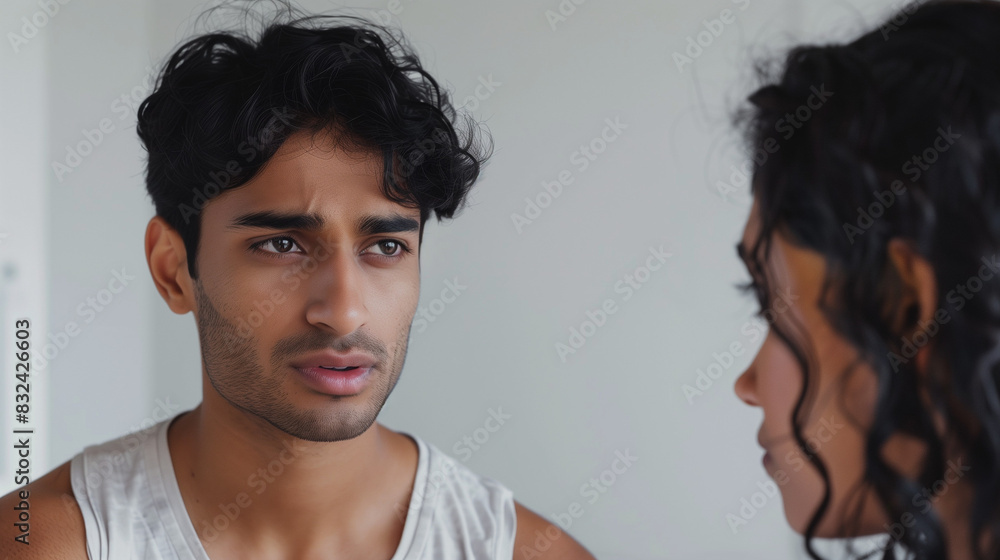 34 years old handsom man with black short hair who looking sad and beautiful white indian woman with black long curly hair are talking with lookinh each other in the bedroom, moden room, 34 years old handsom man with black short hair who looking sad and beautiful white indian woman with black long curly hair are talking with lookinh each other in the bedroom, moden room,