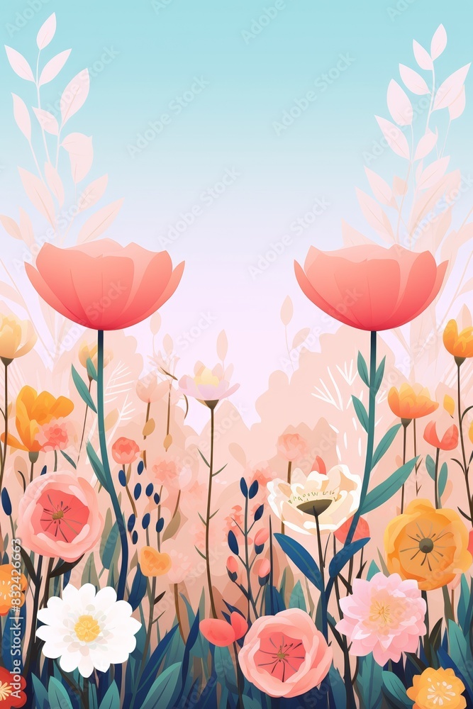 Beautiful floral illustration with vibrant flowers standing tall against a gradient sky, depicting the beauty and serenity of nature.