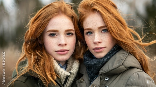 Young attractive ginger haired twin sisters looking at the camera wearing winter coats. 