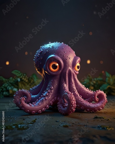 An octopus with eight long arms glides through the water at night