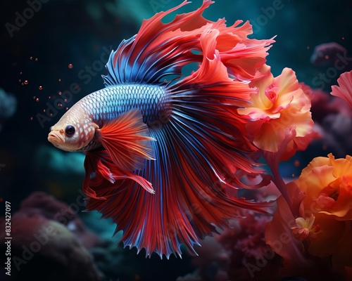 Colorful fighting fish showcasing its radiant fins in an elegant pose selective focus  underwater elegance  whimsical  composite  aquatic garden backdrop