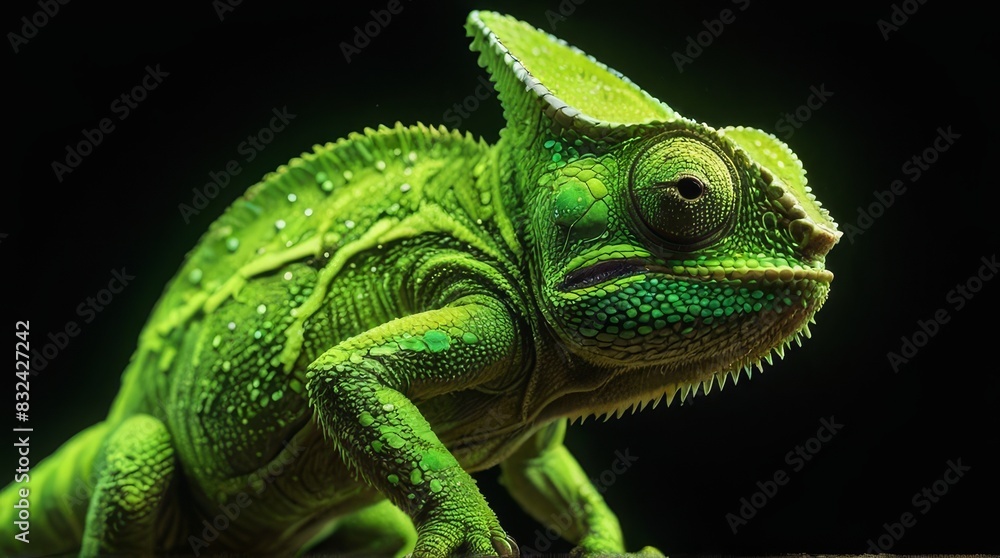 Fototapeta premium Green Chameleon on Black Background