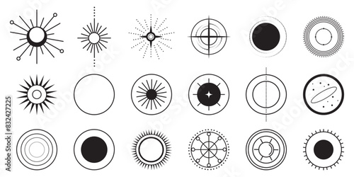 A set of black mystical icons on white isolated background symbols featuring various geometric designs, perfect for adding a mysterious and celestial touch to your graphic projects.