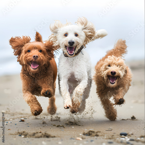 Spanish water dog running on the beach shore with his family. dog as a family. travel with dog isolated on white background, space for captions, png 