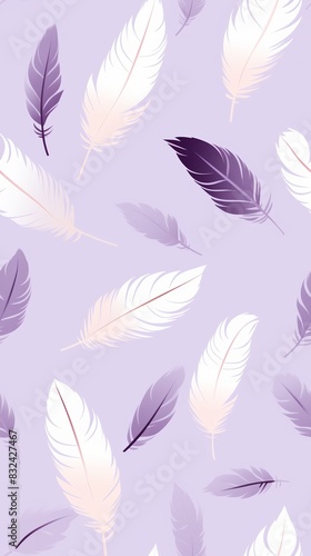 Seamless pattern of floating feathers in various shades of purple on a lavender background, perfect for designs and textiles.