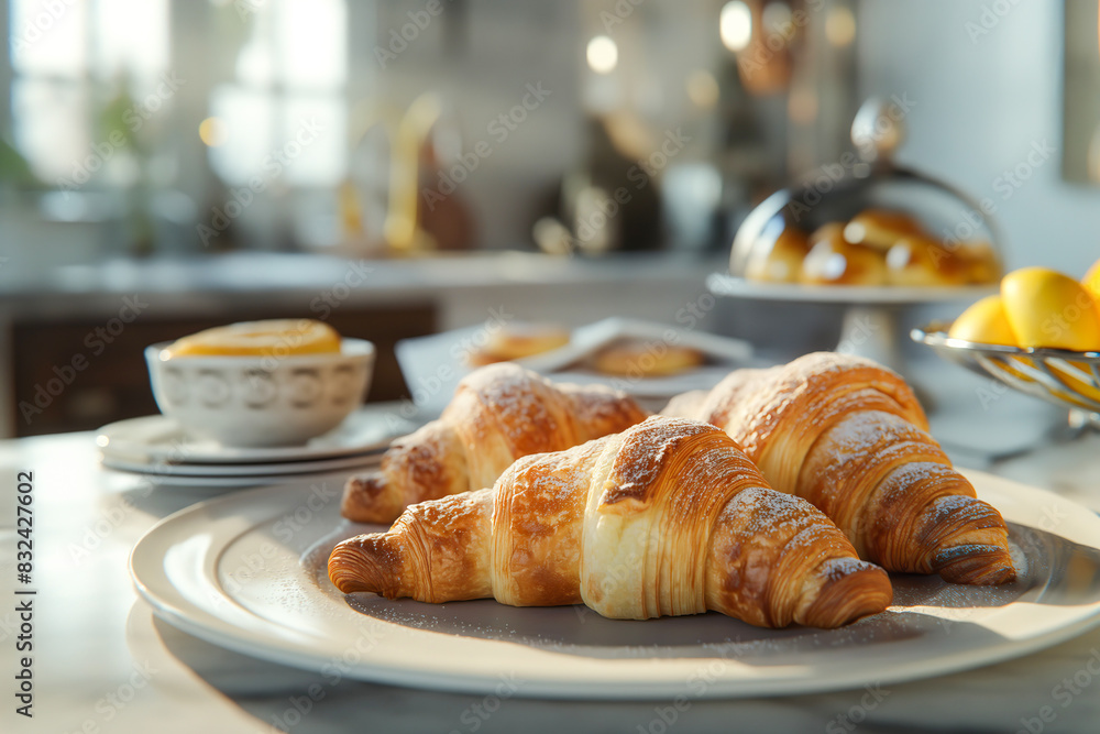 Exquisite croissants elegantly arranged on a porcelain plate Exquisite croissants elegantly arranged on a porcelain plate