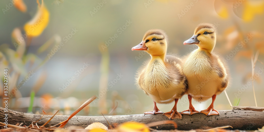 A heartwarming image of two cute ducklings standing side by side, illuminated by soft, golden sunlight. A heartwarming image of two cute ducklings standing side by side, illuminated by soft, golden sunlight.