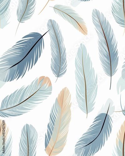 Seamless pattern of light blue and beige feathers on a white background. Perfect for textiles, wallpapers, and other creative projects. © tohceenilas