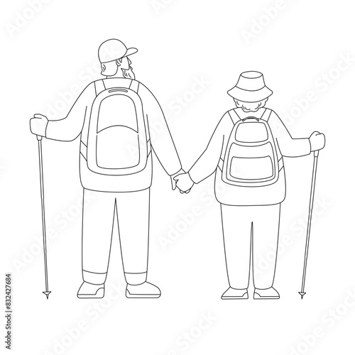 Senior man and woman with backpacks and hiking poles are standing. Back view. Vector isolated illustration in line style.