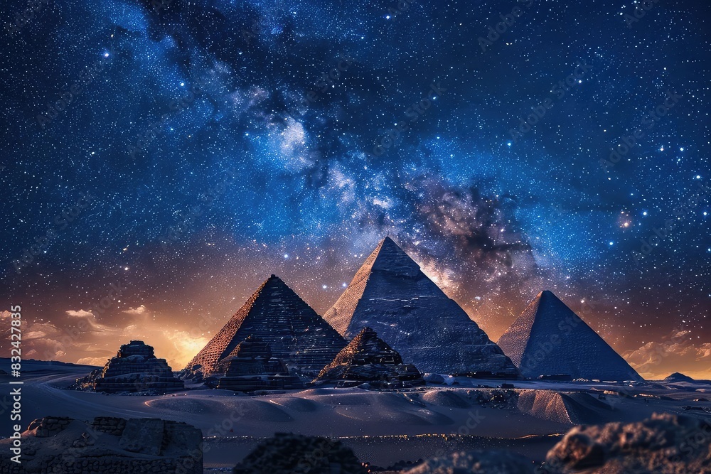 Pyramids under a starry night sky, with the Milky Way visible and casting a mystical glow, cool tones, photorealistic style,