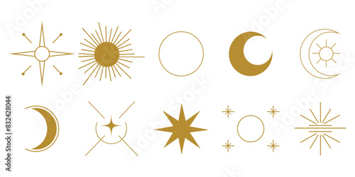 Cosmic geometric icons: An assortment of abstract, geometric astral illustrations in gold, showcasing intricate sunburst patterns and celestial motifs for sophisticated and mystical, or astrology-them