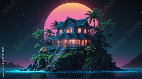 Tropical Island House with Sunset