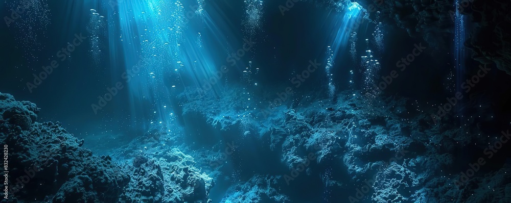 Underwater cave with rays of sunlight penetrating through the water, revealing a mesmerizing and mysterious aquatic landscape.