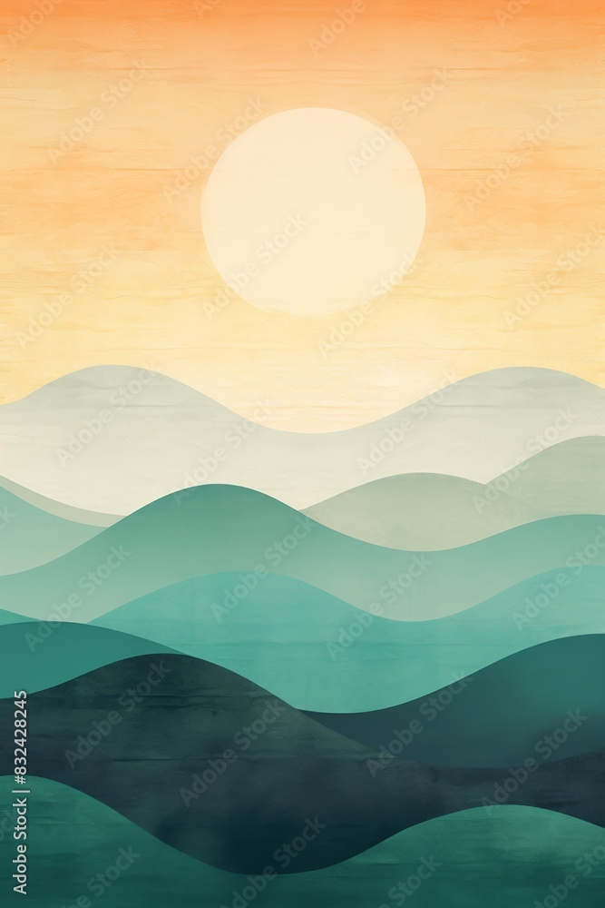 Abstract landscape illustration of layered hills and a large sun in warm colors, capturing a tranquil, minimalist scenic view.