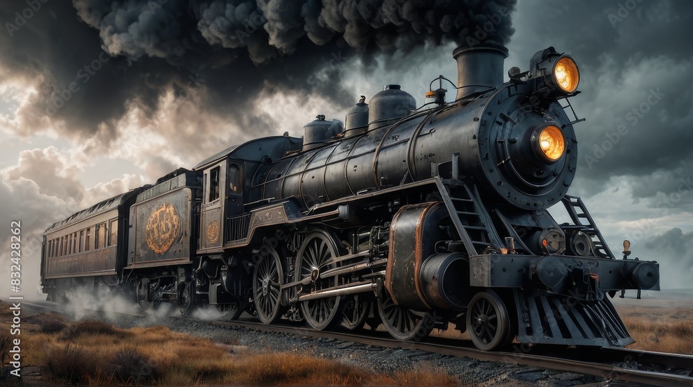 Naklejka premium Vintage Steam Train Chugging Through the Clouds