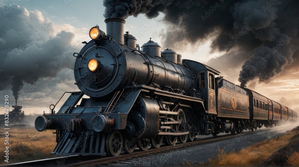 Fototapeta premium Vintage Steam Locomotive Chugging Through the Countryside