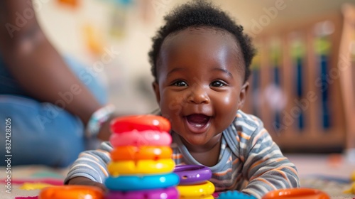 Happy Baby Playing with Stacking Rings as Parent Encourages and Praises Developmental Skills