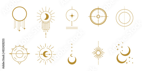 Set of  line art celestial and esoteric icons, vector illustration, white isolated background, gold color palette, thin lines, simple shapes, minimalistic design elements, moon phases, dreamcatcher sy