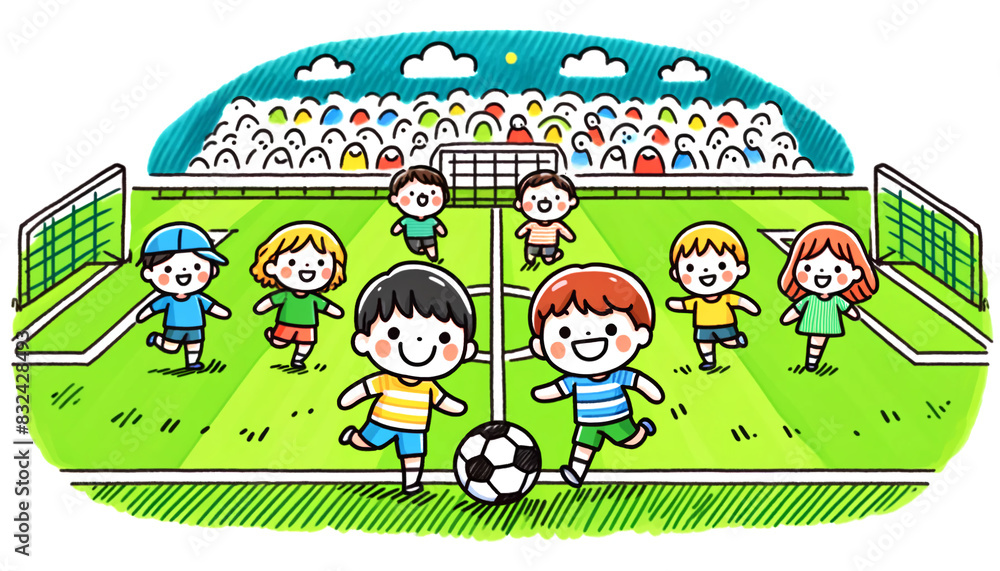 Obraz premium Children Playing Soccer on Field with Cheering Spectators