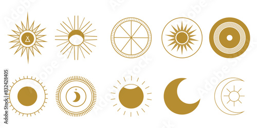 Mystical icons set with moon phases, and sun on a white isolated background. Astrological signs in a trendy linear minimalist style. 
