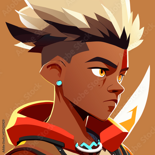 boy 35 years old, 6g, brown eyes, light brown skin, mohawk hair, earring in his left ear, vector