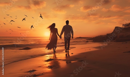 Couple holding hands on the beach at sunset, relaxing on the beach in a romantic way.