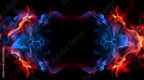 Abstract background with blue and red flames creating a symmetrical shape on a dark backdrop, perfect for artistic and creative uses. photo