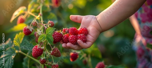 Young child gathering juicy ripe raspberries in a backyard garden on a bright and sunny summer day