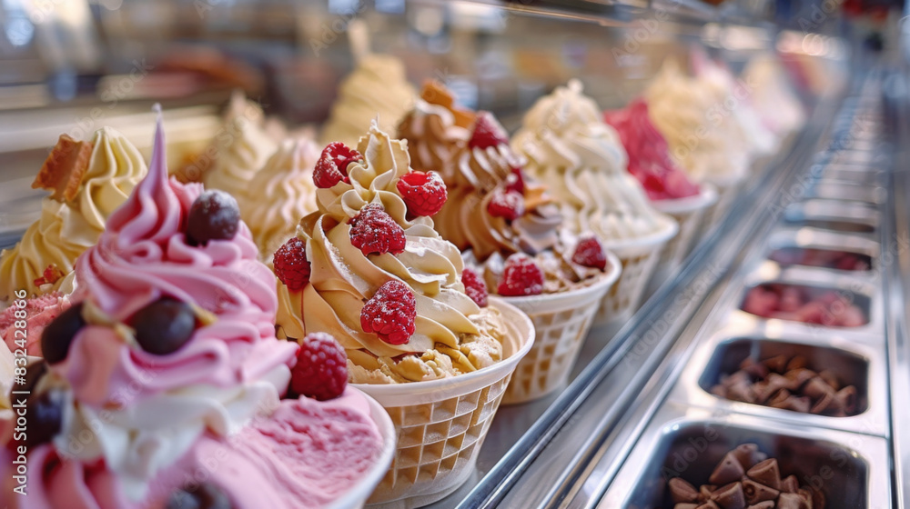 Close-up of assorted ice cream flavors with various toppings in waffle bowls, displayed in a shop counter. Close-up of assorted ice cream flavors with various toppings in waffle bowls, displayed in a shop counter.