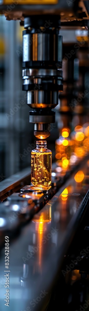 Close-up of an automated manufacturing process filling small glass vials with liquid on a production line in a factory. Close-up of an automated manufacturing process filling small glass vials with liquid on a production line in a factory.