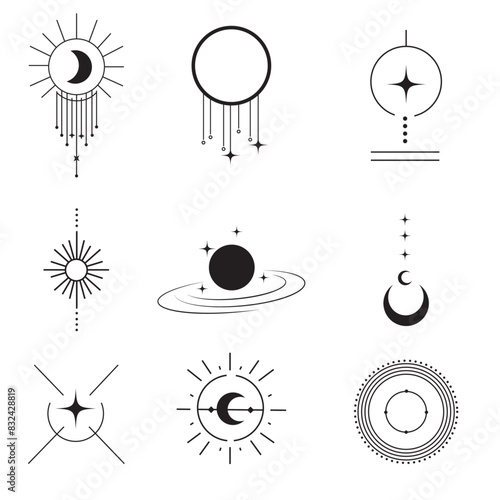 Minimalist icons set,  celestial and geometric line art symbols, including stars, moons, constellations, the sun, and shooting stars icons, and various spaces in black on a white isolated  background