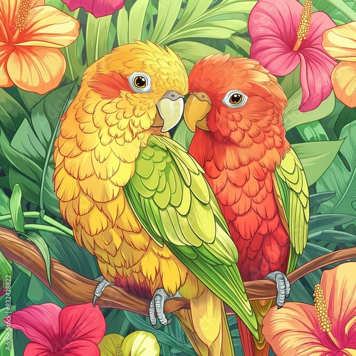 Two Colorful Parrots Perched on a Branch in a Tropical Jungle