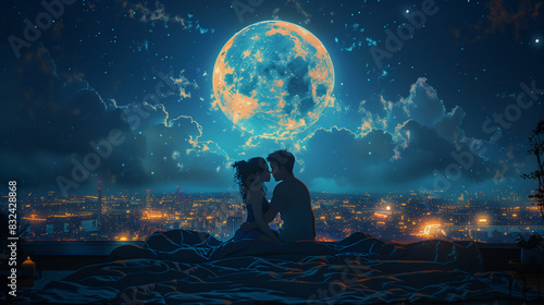 Romantic Lofi Couple at night in love rain with full moon and passion manga style, Asian style, Anime style, comic style 16:9