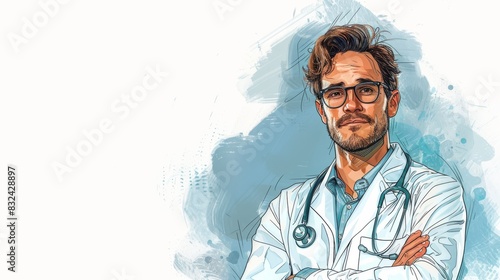 A watercolor portrait of a confident male doctor in a white coat and stethoscope around his neck.