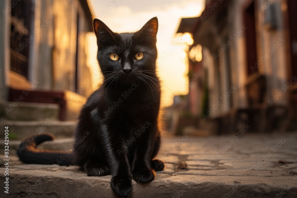 Portrait of a cute bombay cat while standing against charming small town main street Portrait of a cute bombay cat while standing against charming small town main street