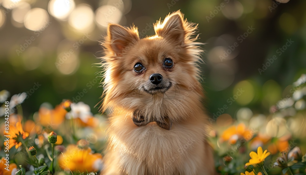 Cute brown Pomeranian dog with a bow tie sitting in a garden with yellow flowers, bokeh background, cheerful and happy pet, autumn setting.