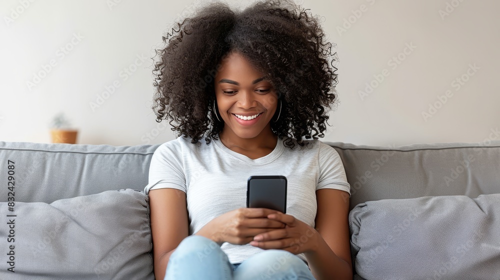 Cheerful woman with curly hair using smartphone on cozy sofa in comfortable home setting Cheerful woman with curly hair using smartphone on cozy sofa in comfortable home setting