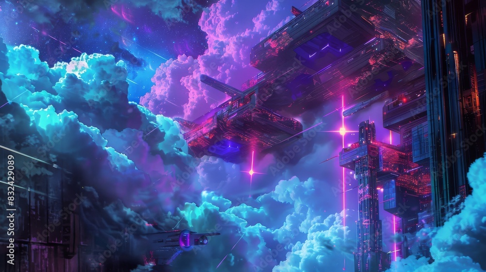 Futuristic city in the clouds for cyberpunk or technology themed designs