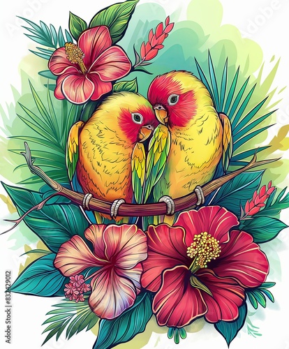 Two Colorful Parrots Perched on a Branch in a Tropical Jungle