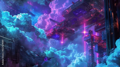 Futuristic city in the clouds for cyberpunk or technology themed designs photo