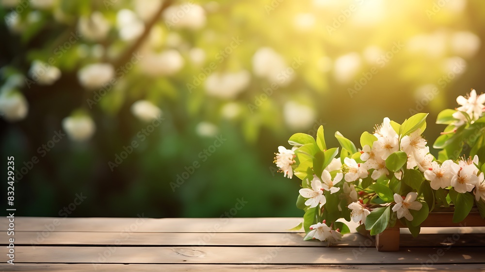 Spring beautiful background with green lush young foliage and flowering branches with an empty wooden table on nature outdoors in sunlight in garden Spring beautiful background with green lush young foliage and flowering branches with an empty wooden table on nature outdoors in sunlight in garden