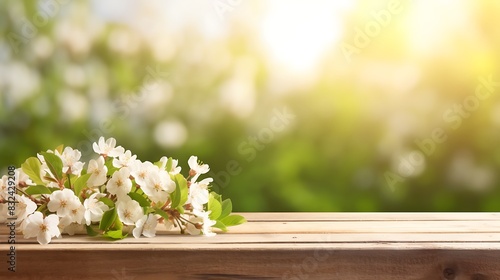 Spring beautiful background with green lush young foliage and flowering branches with an empty wooden table on nature outdoors in sunlight in garden © Gomez