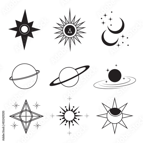  Elegant black line art icons on withe isolated background, featuring sun and moon elements, suitable for sophisticated designs in the realms of mysticism and spirituality.