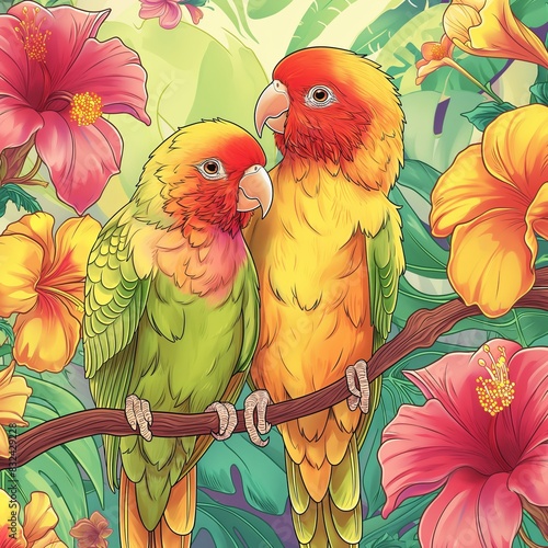 Two Colorful Parrots Perched on a Branch in a Tropical Jungle