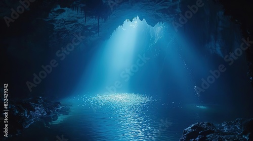 A mystical cave illuminated by beams of sunlight breaking through the darkness  reflecting on the tranquil water below.