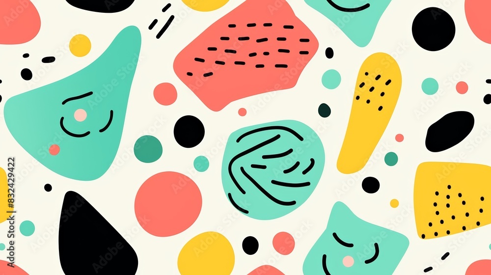Playful abstract geometric pattern with colorful shapes and dots, perfect for backgrounds, textiles, and creative design projects. Playful abstract geometric pattern with colorful shapes and dots, perfect for backgrounds, textiles, and creative design projects.