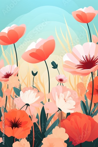 Wallpaper Mural A vibrant illustration of wildflowers in full bloom with a gradient sky background, depicting a serene and colorful spring landscape. Torontodigital.ca