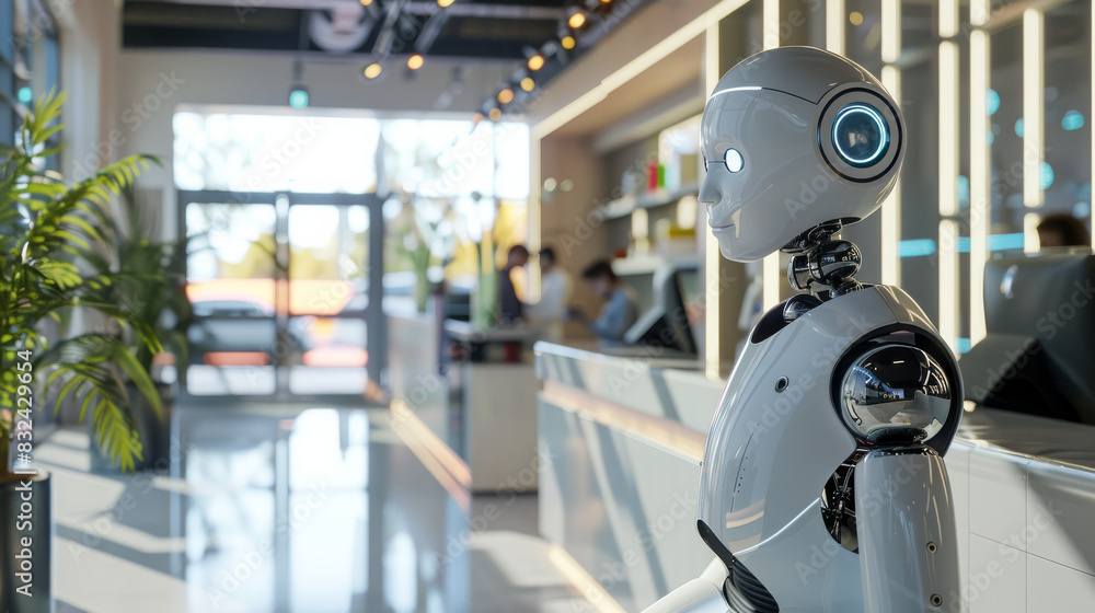 A humanoid robot stands in a modern office lobby, showcasing advanced technology and futuristic design for automation and innovation. A humanoid robot stands in a modern office lobby, showcasing advanced technology and futuristic design for automation and innovation.