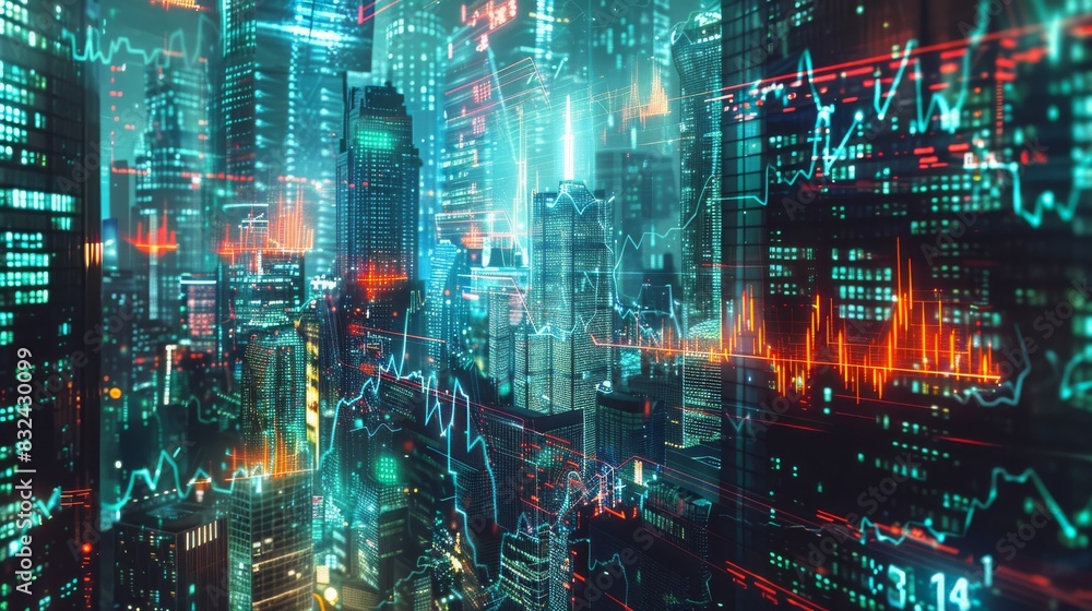Futuristic city with neon lights and data visualizations for technology or finance themed designs